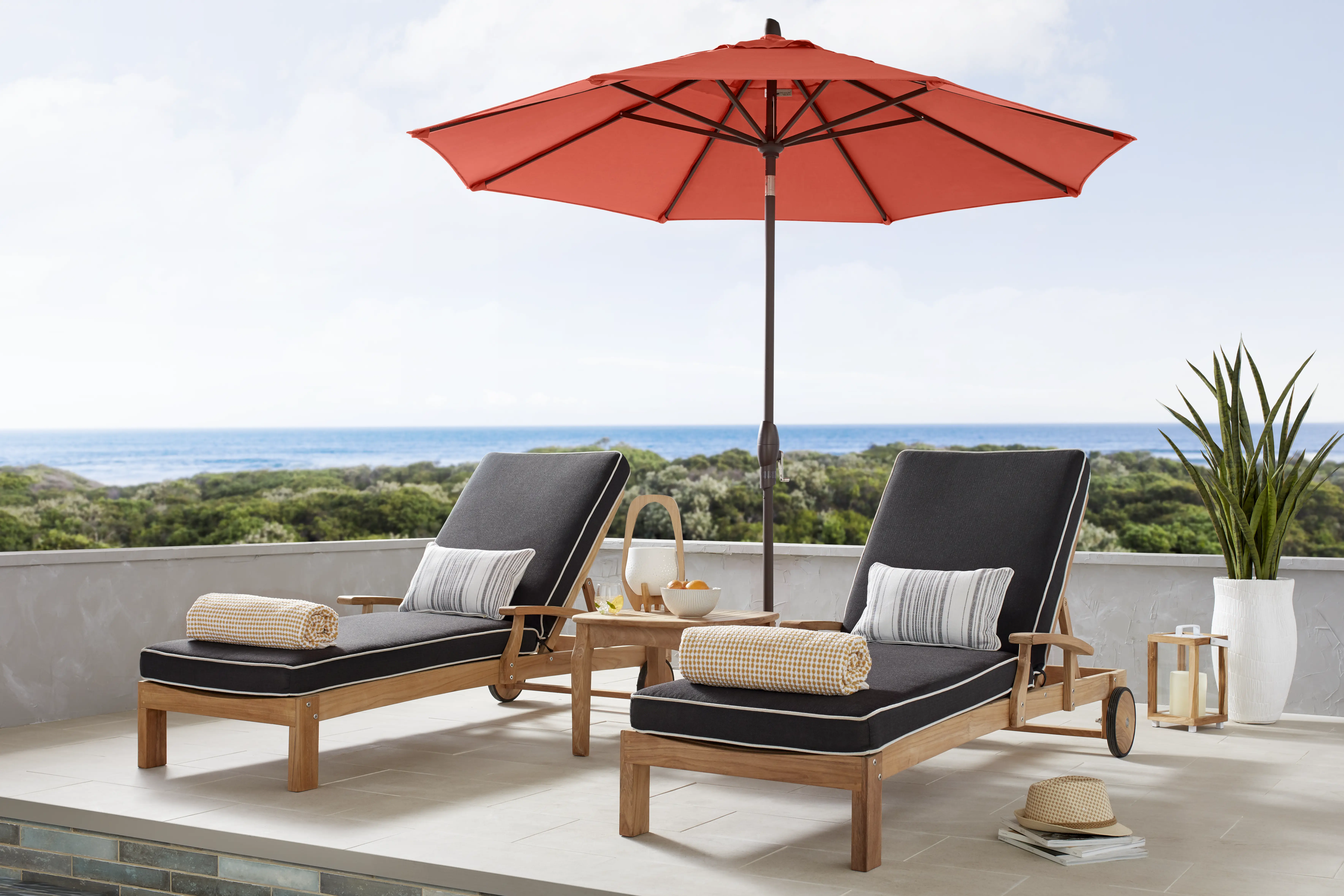 Pleasant Bay Teak Outdoor Chaise with Charcoal Cushions, Set of 2