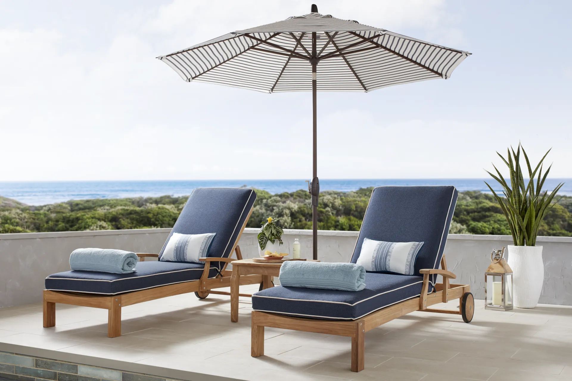 Pleasant Bay Teak Outdoor Chaise with Indigo Cushions, Set of 2 - Image 1