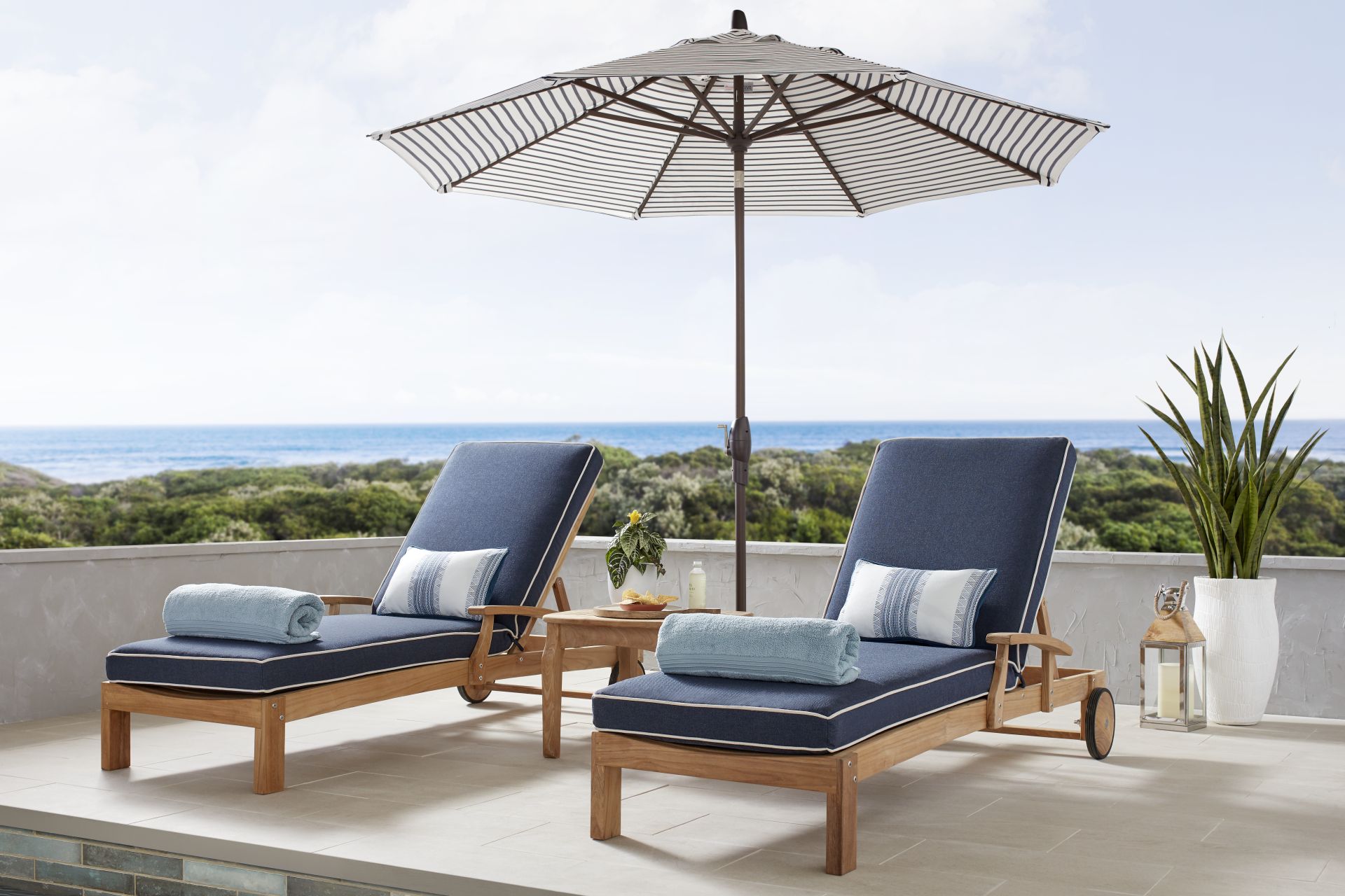 Pleasant Bay Teak Outdoor Chaise with Indigo Cushions, Set of 2 - Image 2