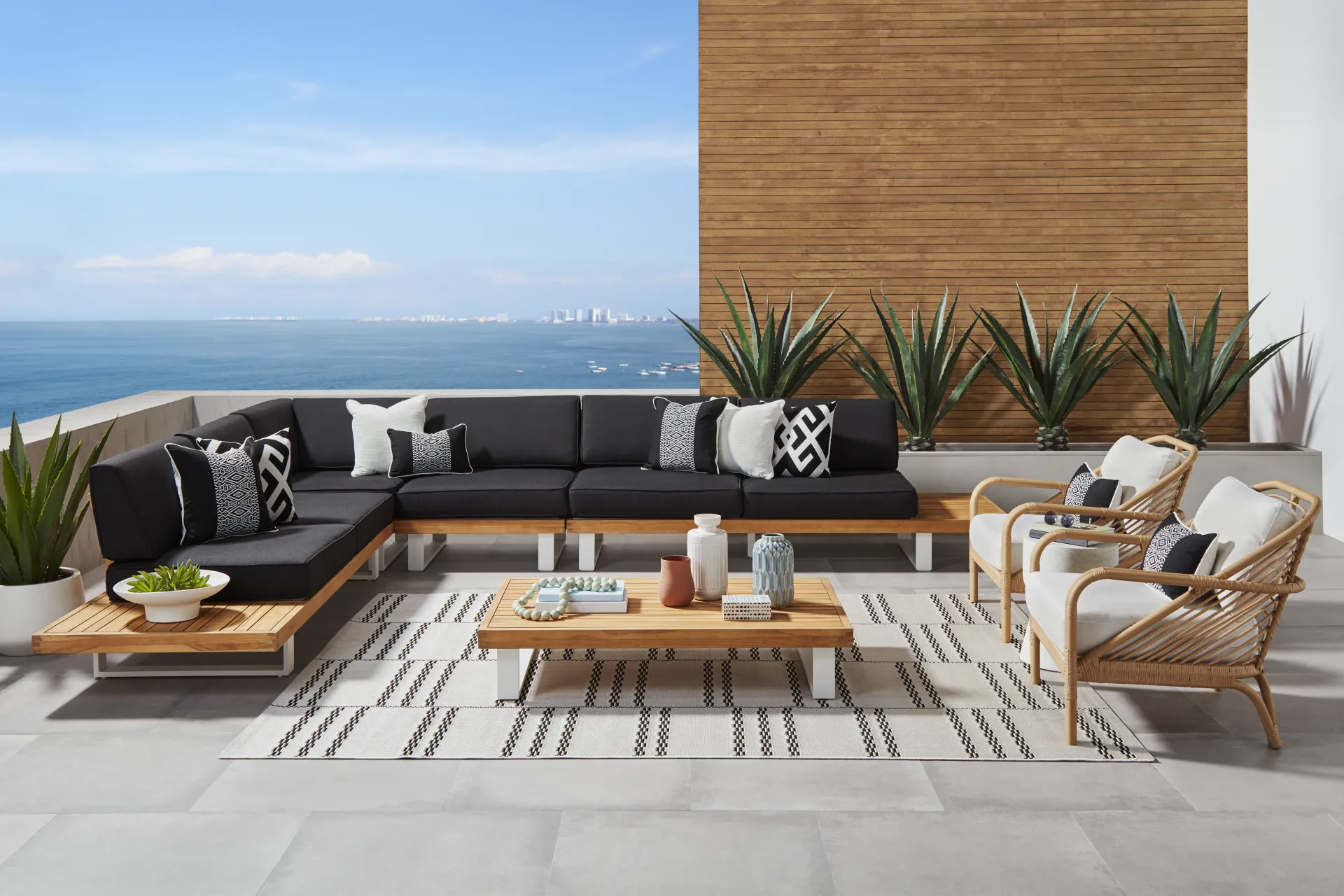 Platform Teak 4 Pc Outdoor Sectional with Charcoal Cushions - Image 2