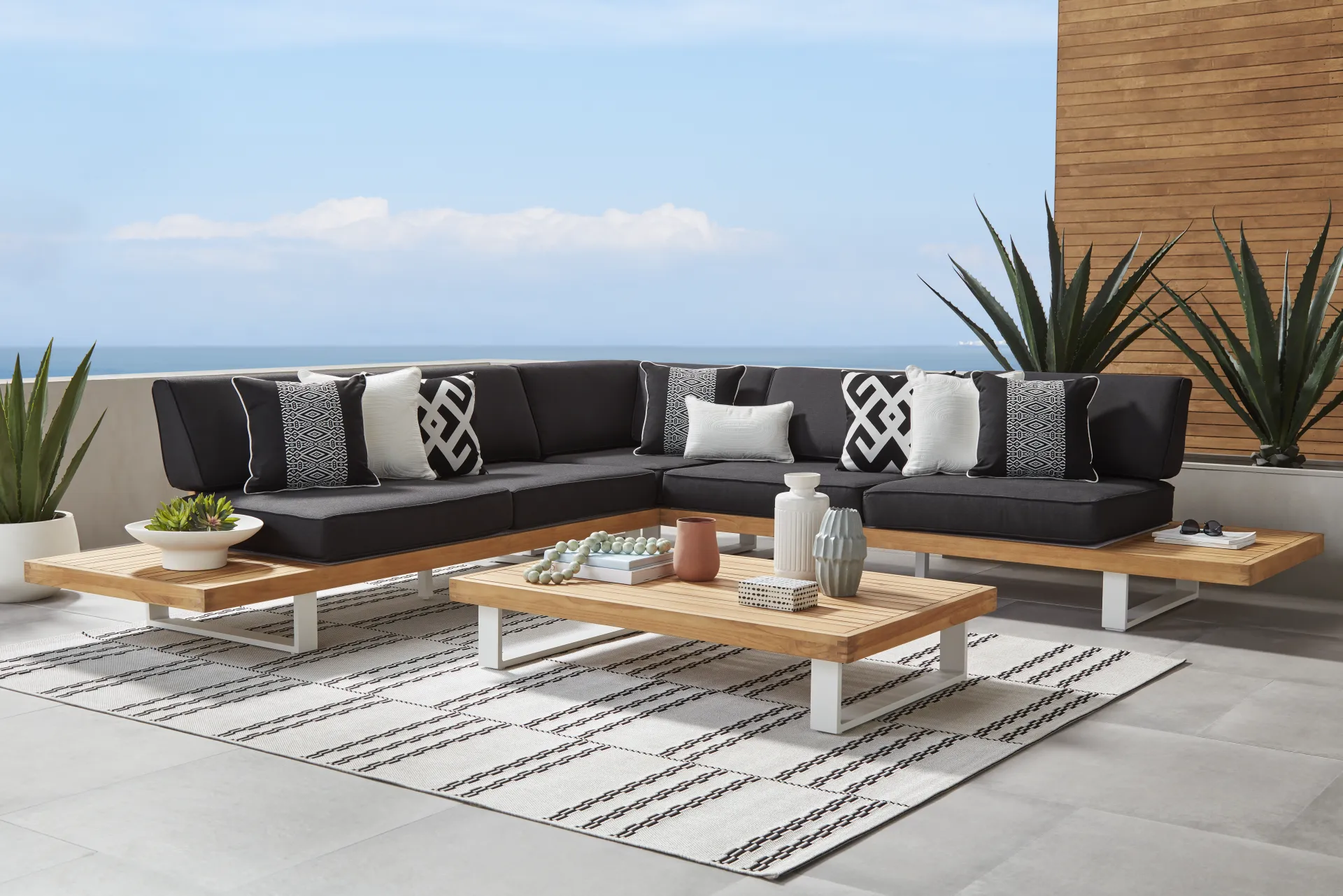 Platform Teak 3 Pc Outdoor Sectional with Charcoal Cushions - Image 2