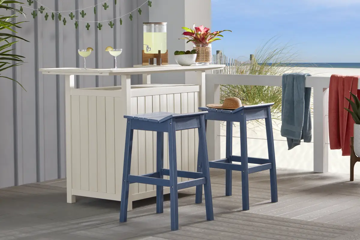 Addy White 3 Pc Outdoor Bar Set with Navy Barstools