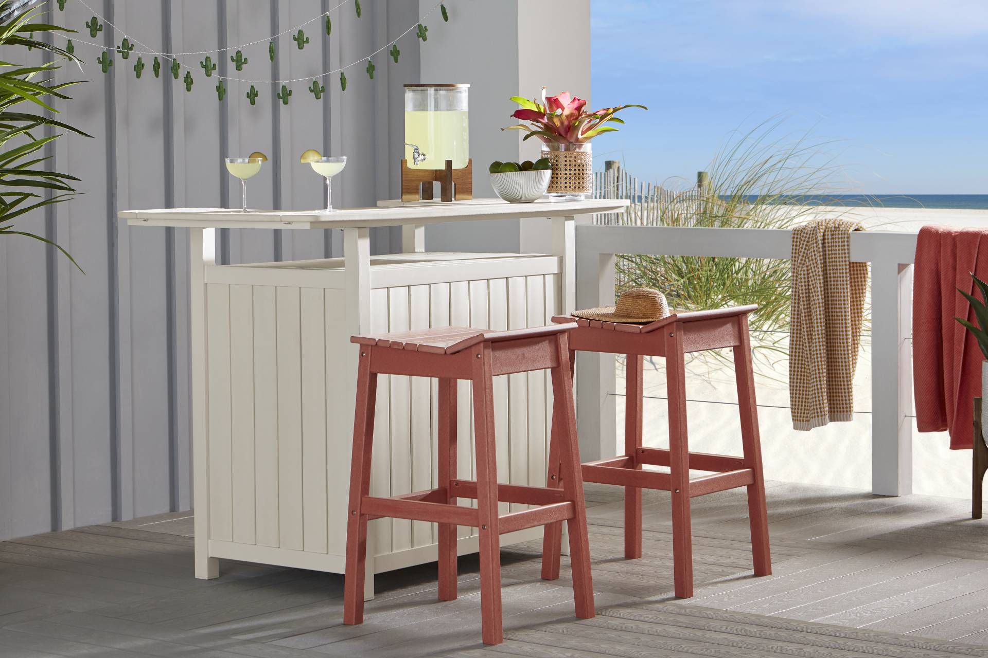 Addy White 3 Pc Outdoor Bar Set with Red Barstools full room