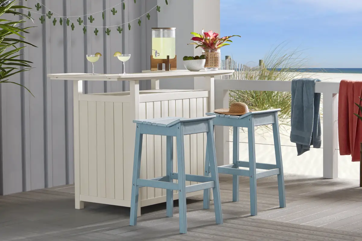 Addy White 3 Pc Outdoor Bar Set with Sky Barstools