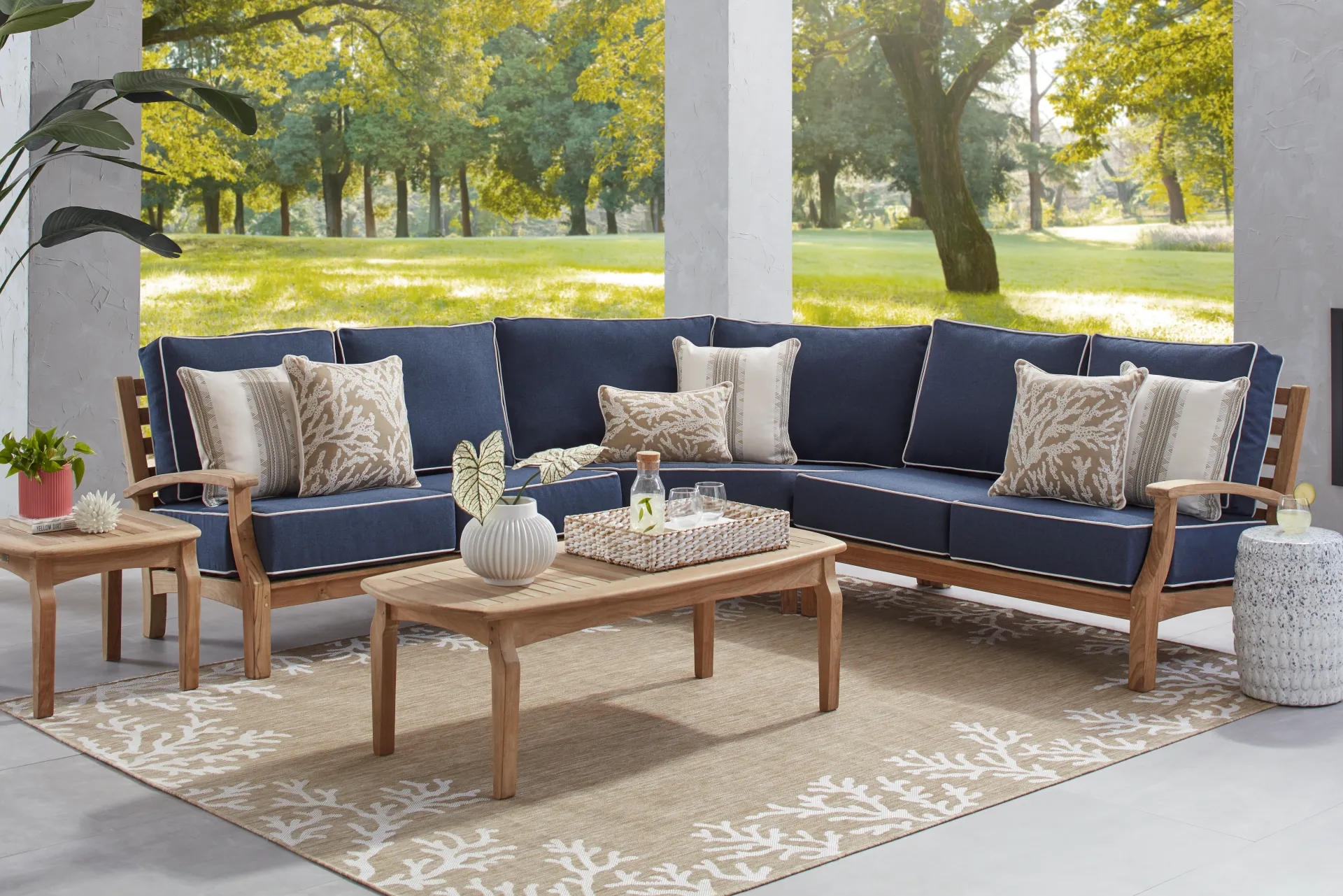 Pleasant Bay Teak 3 Pc Outdoor Sectional with Indigo Cushions - Image 1