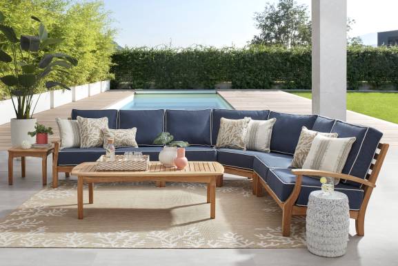 Pleasant Bay Teak 4 Pc Outdoor Sectional with Indigo Cushions