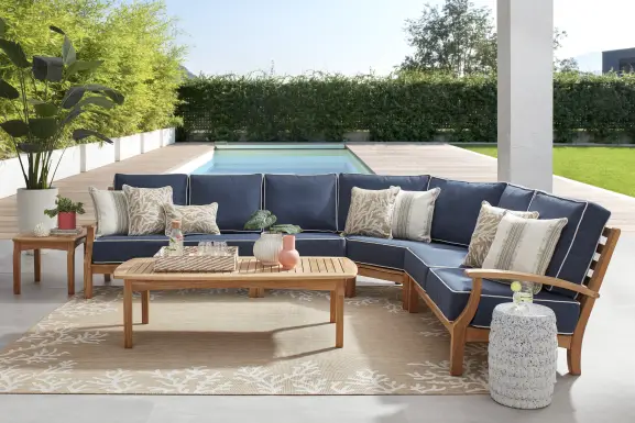 Pleasant Bay Teak 4 Pc Outdoor Sectional with Indigo Cushions