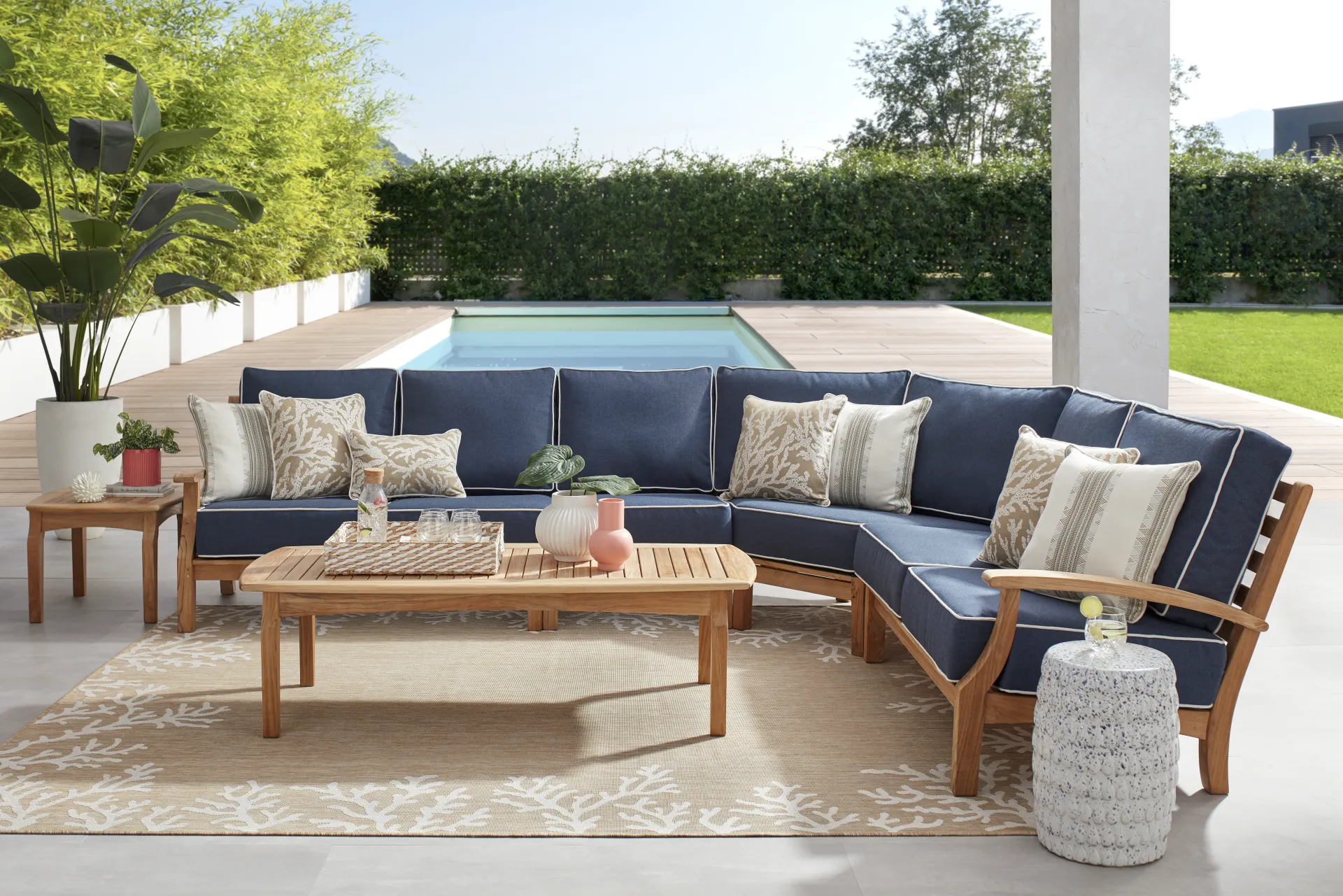 Pleasant Bay Teak 4 Pc Outdoor Sectional with Indigo Cushions - Image 1