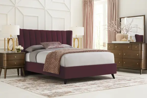 Devon Loft Walnut Finish 5 Pc Bedroom with Nanton Park Red Queen Upholstered Bed