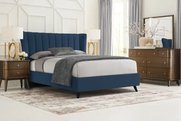 Devon Loft Walnut Finish 5 Pc Bedroom with Nanton Park Blue Queen Upholstered Bed