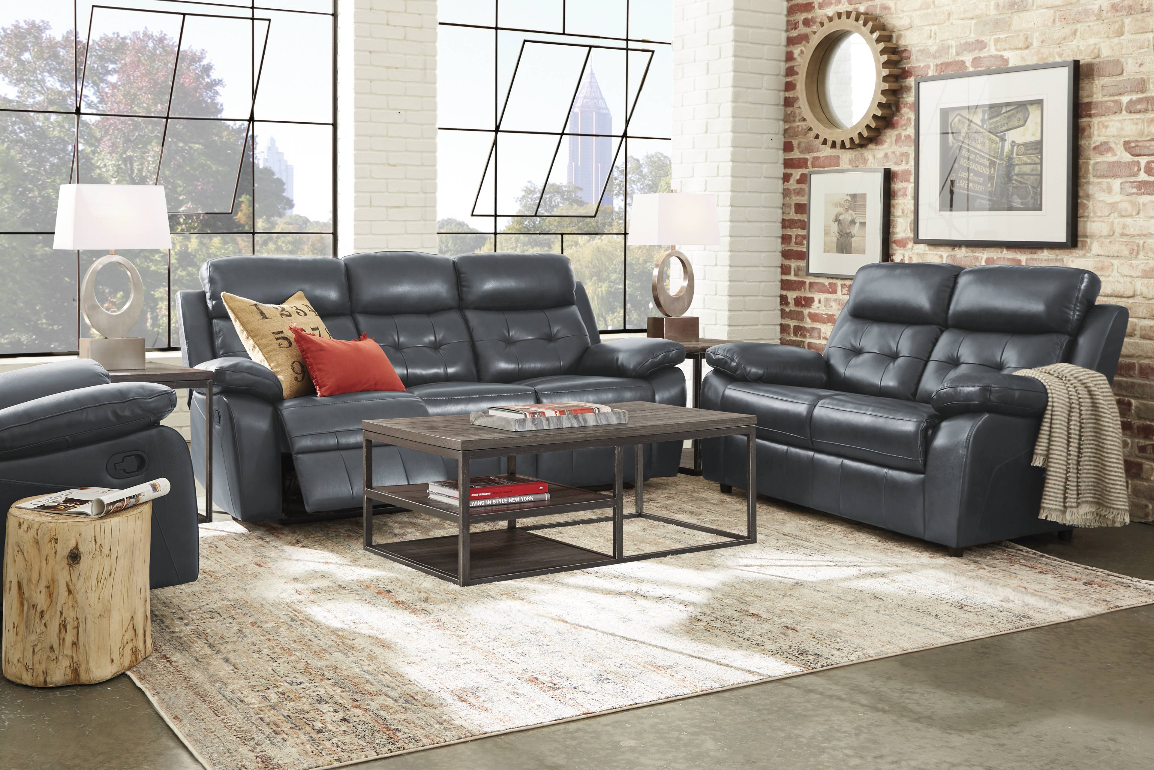 Antonin Blue Leather 5 Pc Living Room with Reclining Sofa - Thumbnail - Image 1