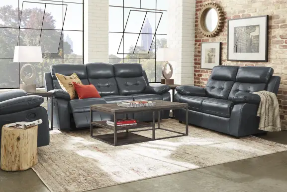 Antonin Blue Leather 6 Pc Living Room with Reclining Sofa