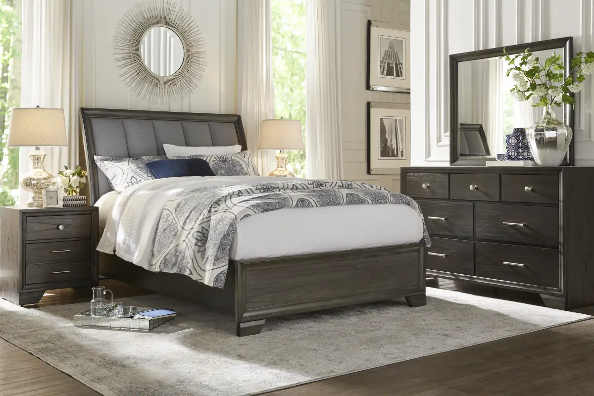 Beckwood Gray 5 Pc Queen Upholstered Sleigh Bedroom