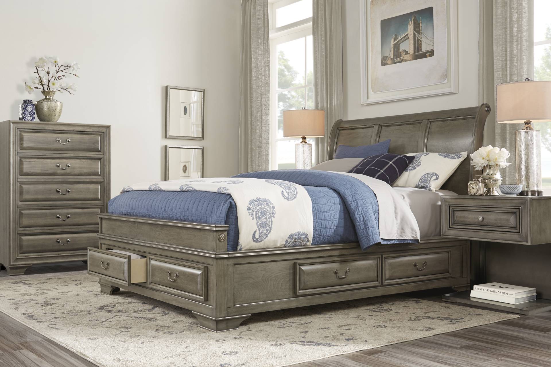 Mill Valley II Gray 5 Pc Queen Sleigh Bedroom with Storage full room