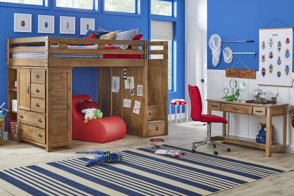 Kids Creekside 2.0 Chestnut Full Step Loft with Loft Chest and Bookcase