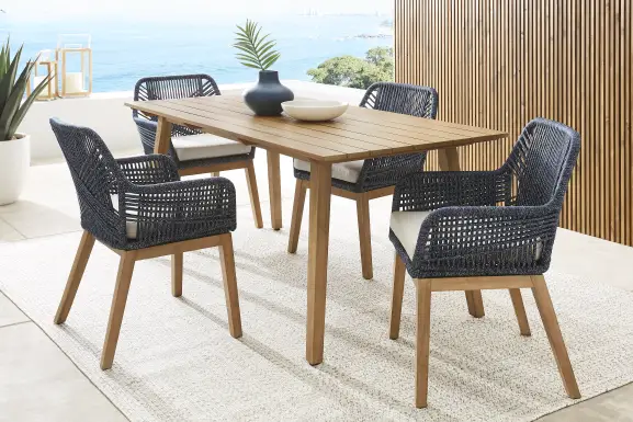 Tessere Natural 5 Pc Outdoor Dining Set with Blue Arm Chairs