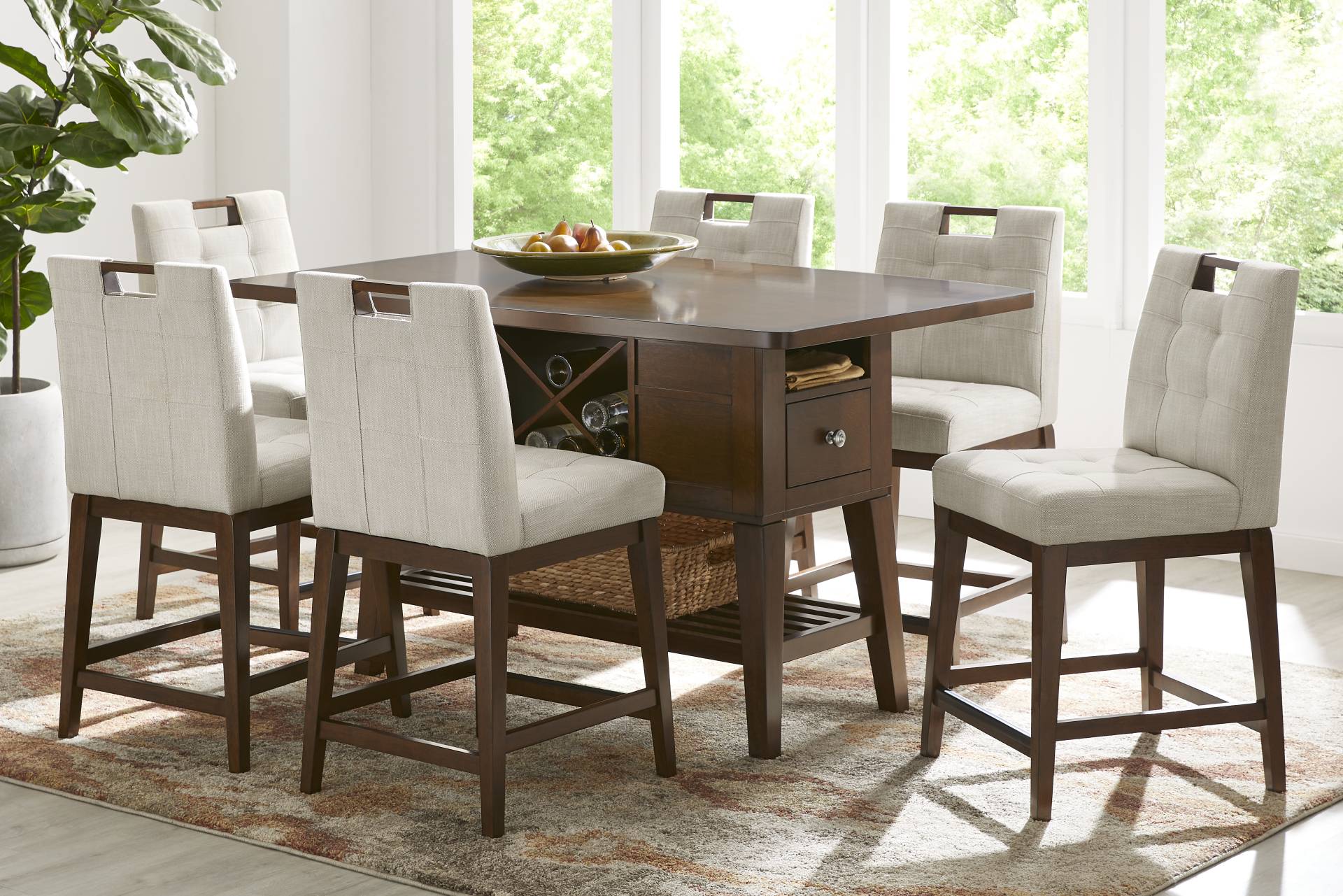 Walstead Place Brown 5 Pc Counter Height Dining Room with Beige Barstools full room