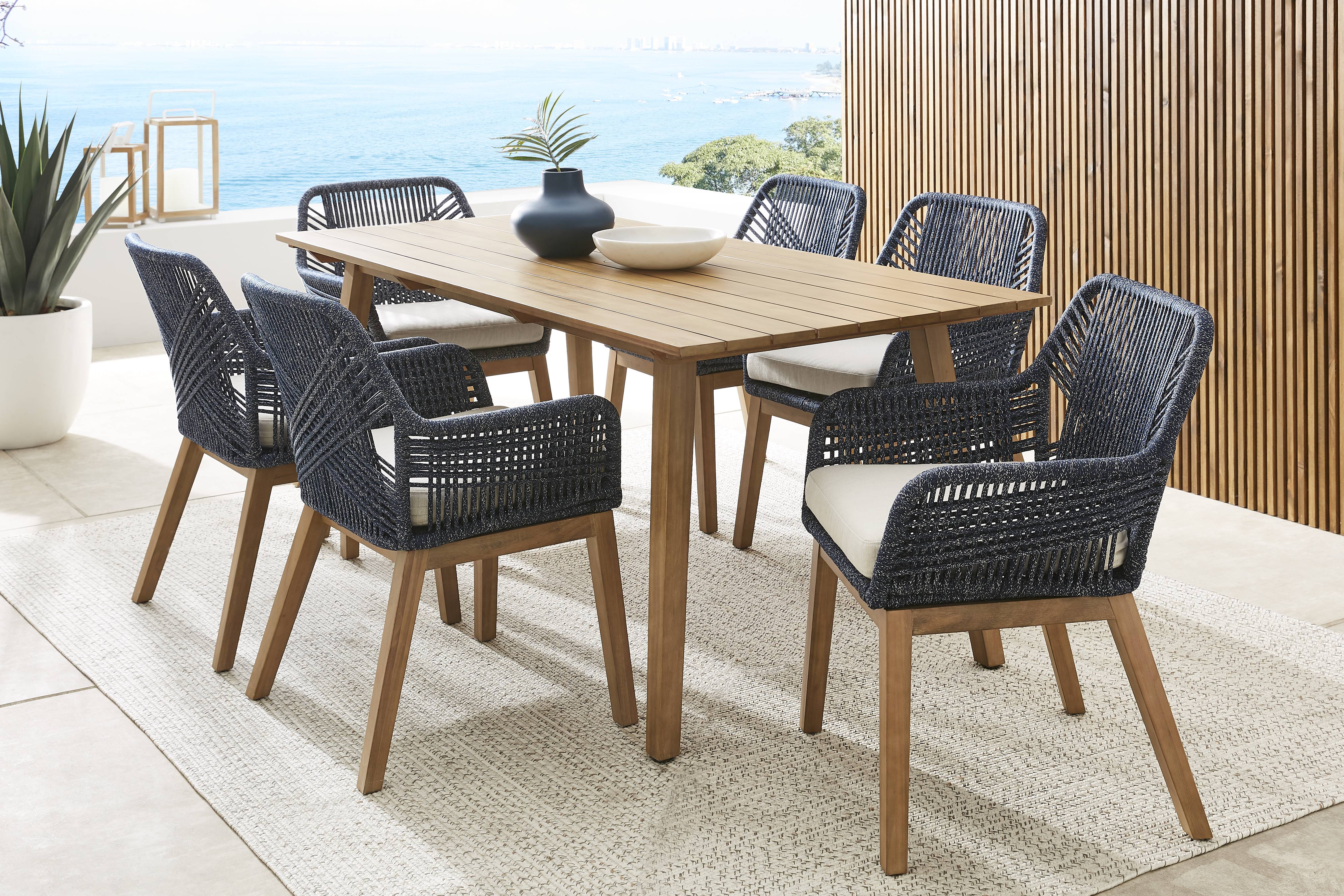 Tessere Natural 7 Pc Outdoor Dining Set with Blue Arm Chairs - Thumbnail - Image 1