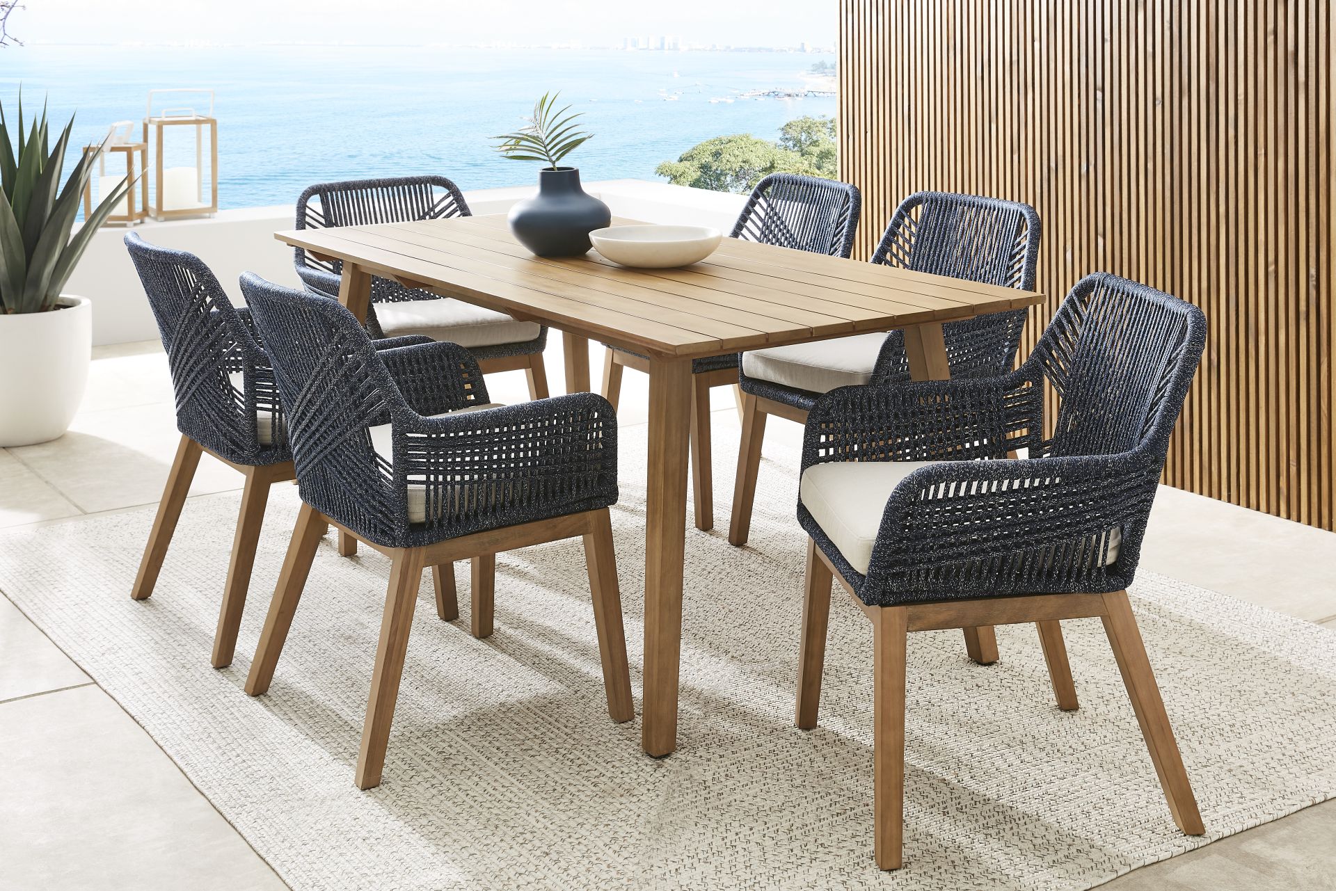 Tessere Natural 7 Pc Outdoor Dining Set with Blue Arm Chairs - Image 1