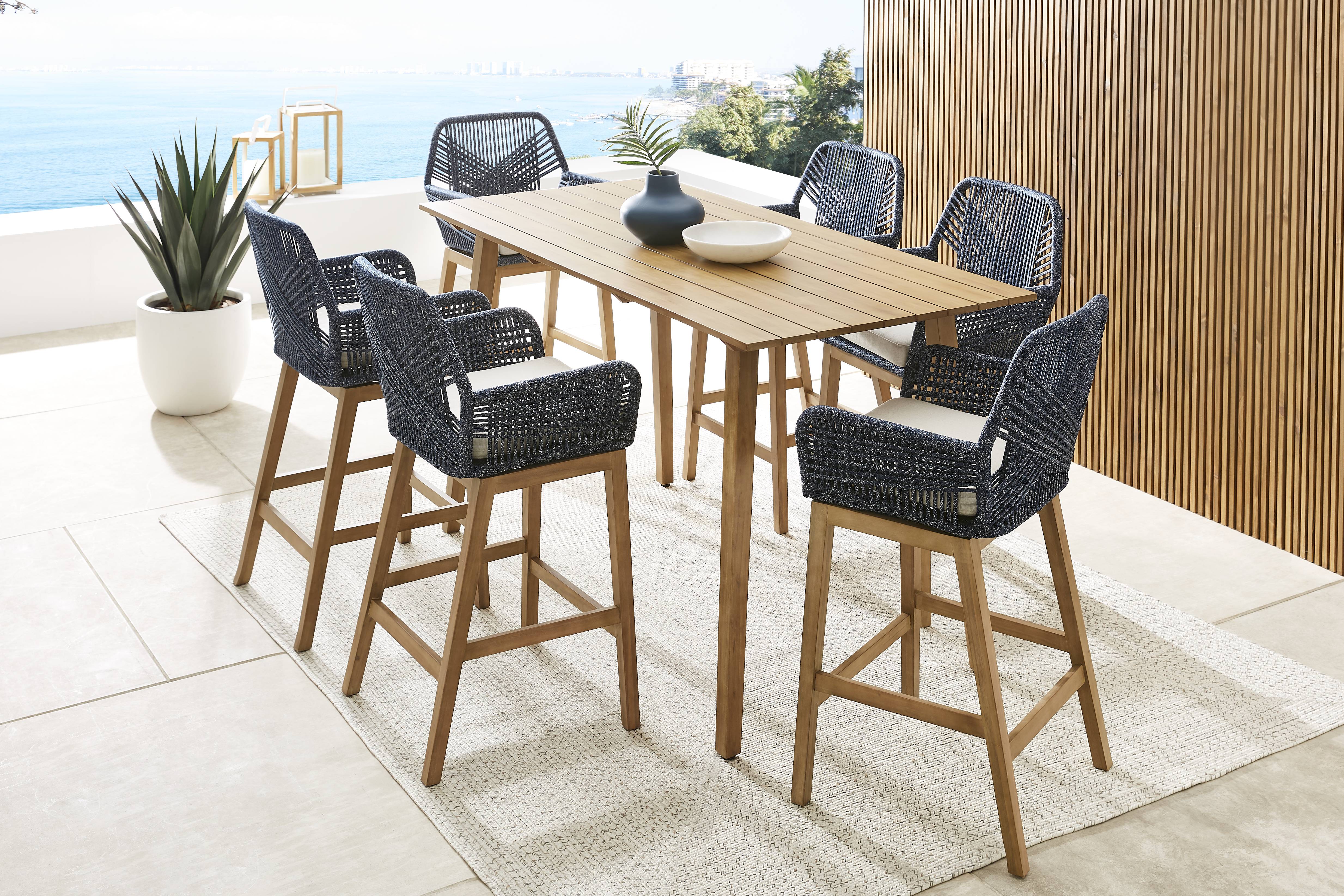 Tessere Natural 7 Pc Bar Height Outdoor Dining Set with Blue Barstools - Thumbnail - Image 1