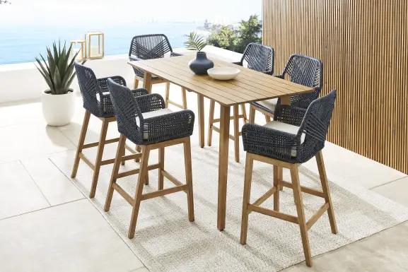 Tessere Natural 7 Pc Bar Height Outdoor Dining Set with Blue Barstools