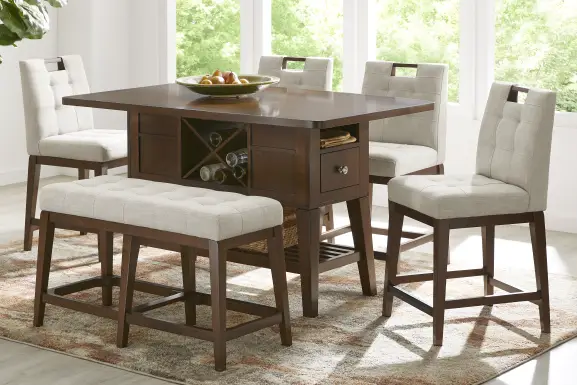 Walstead Place Brown 6 Pc Counter Height Dining Room with Beige Bench and Barstools