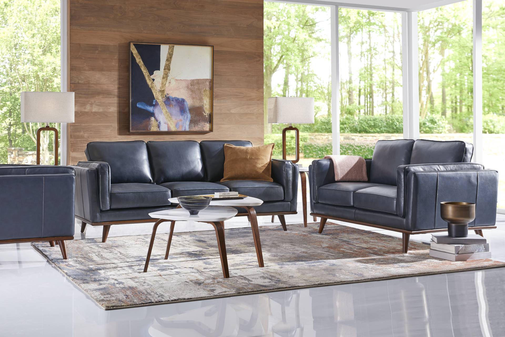 Cassina Way Navy Leather 5 Pc Living Room full room
