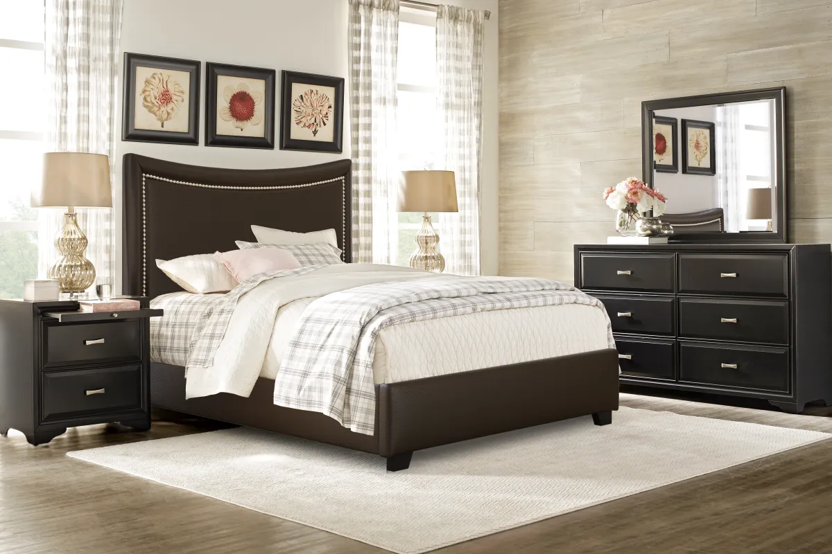 Belcourt Black 5 Pc Bedroom with Genoa Brown Queen Upholstered Bed