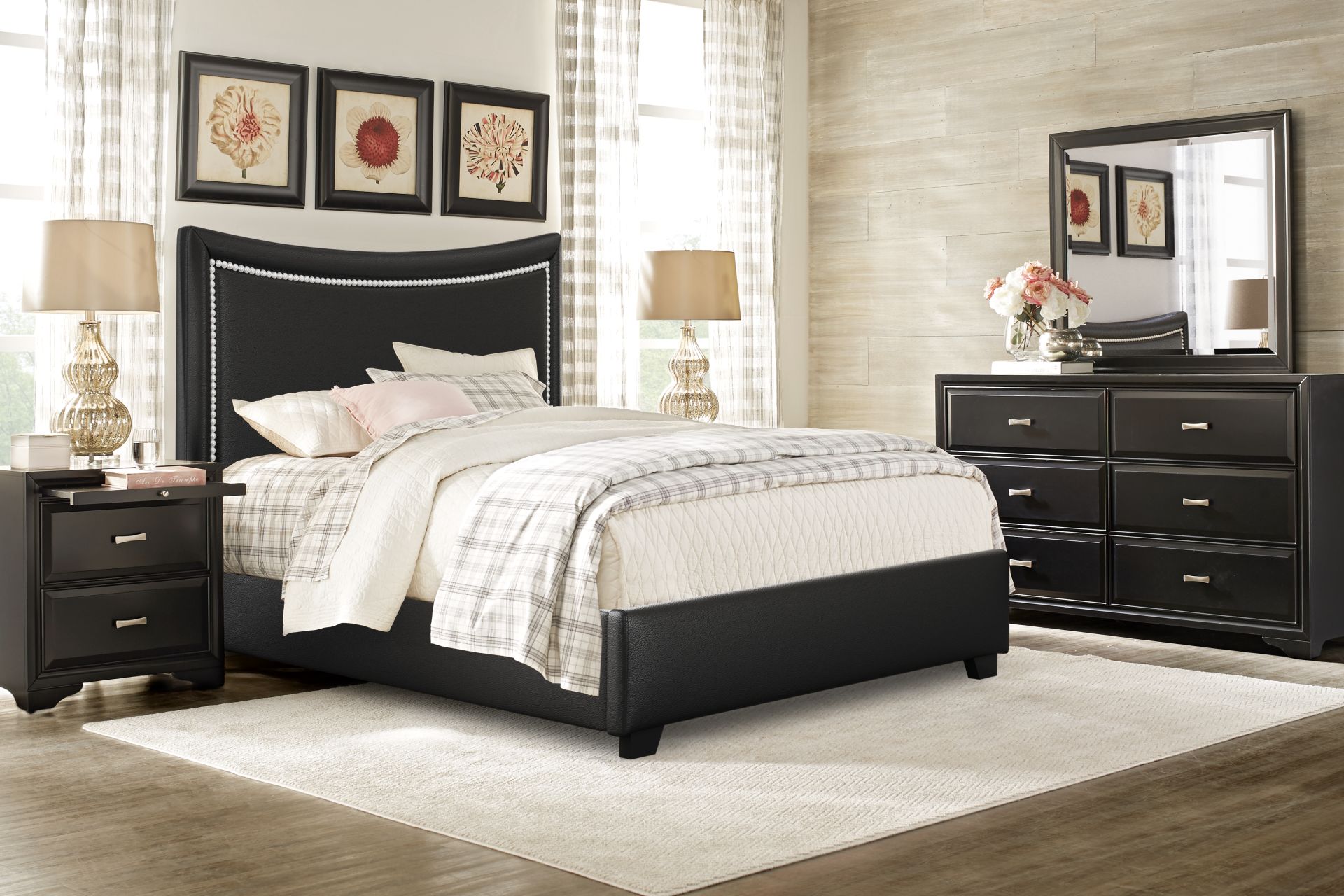 Belcourt White 5 Pc Bedroom with Genoa Black Queen Upholstered Bed - Image 2