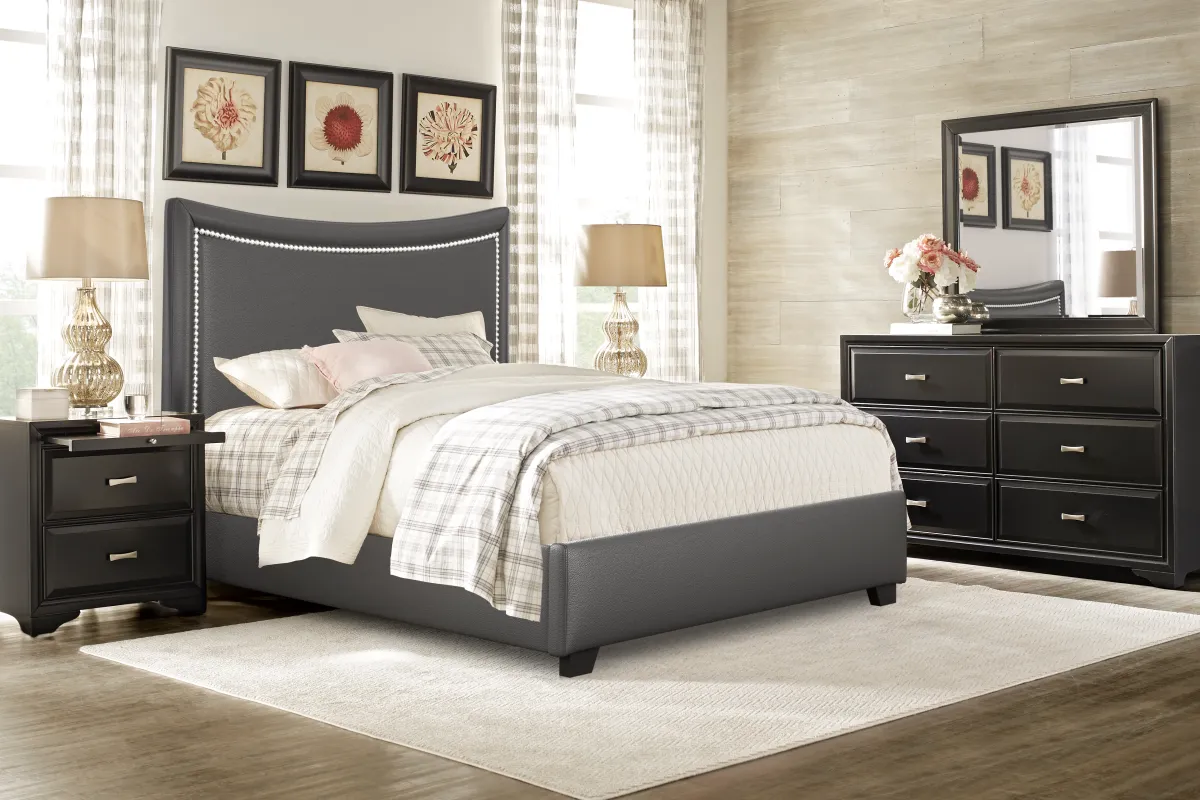 Belcourt Black 5 Pc Bedroom with Genoa Gray Queen Upholstered Bed