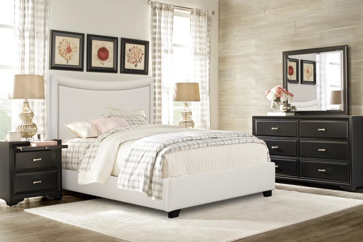 Belcourt Black 5 Pc Bedroom with Genoa Ivory Queen Upholstered Bed
