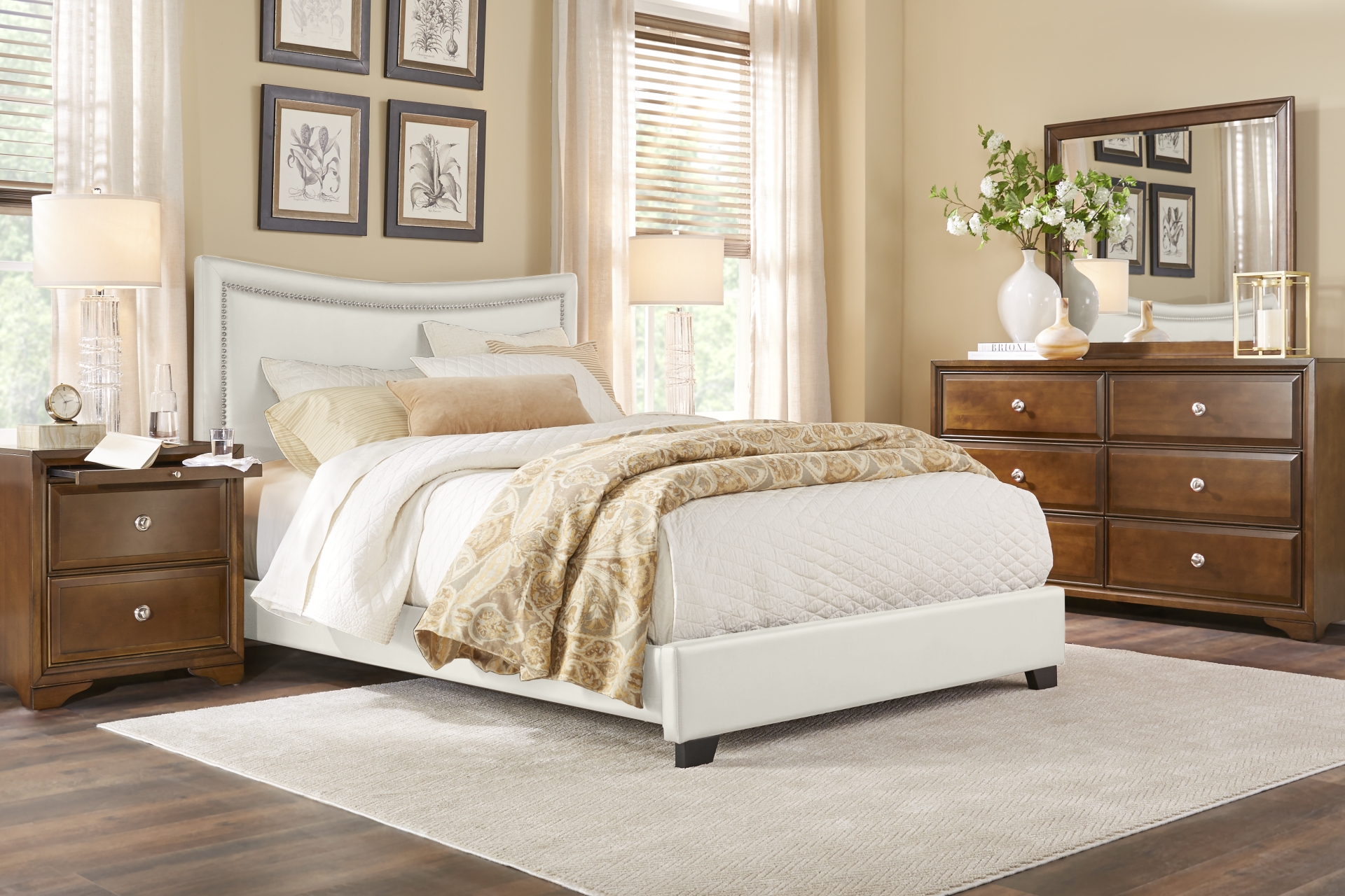 Belcourt Brown Cherry Finish 5 Pc Bedroom with Genoa Ivory King Upholstered Bed full room