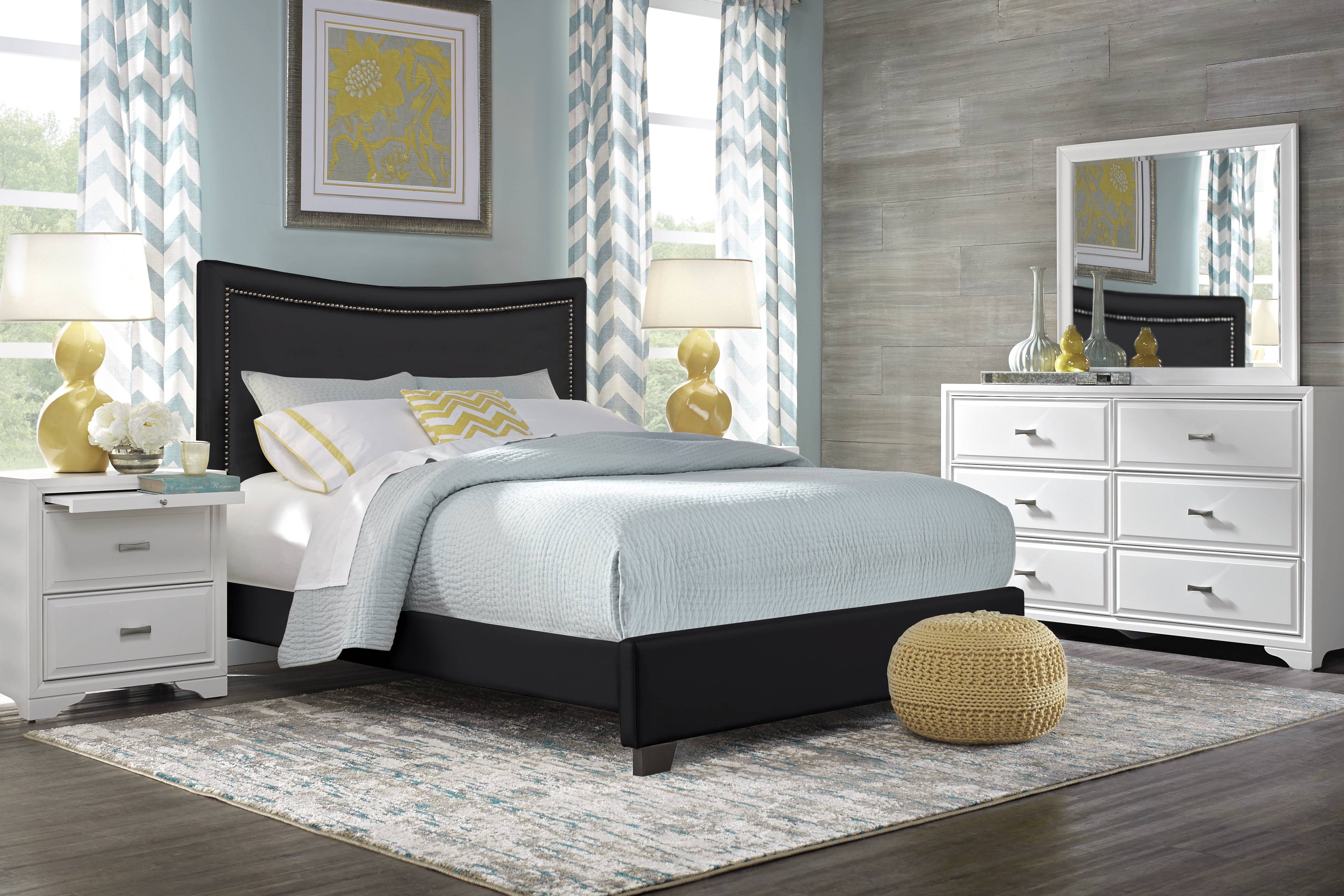 Belcourt White 7 Pc Bedroom with Genoa Black Queen Upholstered Bed - Thumbnail - Image 1