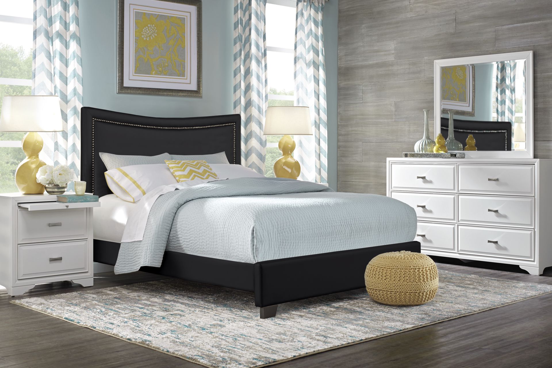 Belcourt White 7 Pc Bedroom with Genoa Black Queen Upholstered Bed - Image 1
