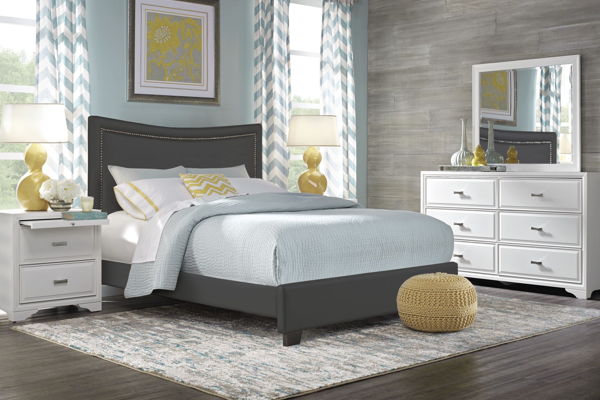 Belcourt White 5 Pc Bedroom with Genoa Gray King Upholstered Bed - Image 1