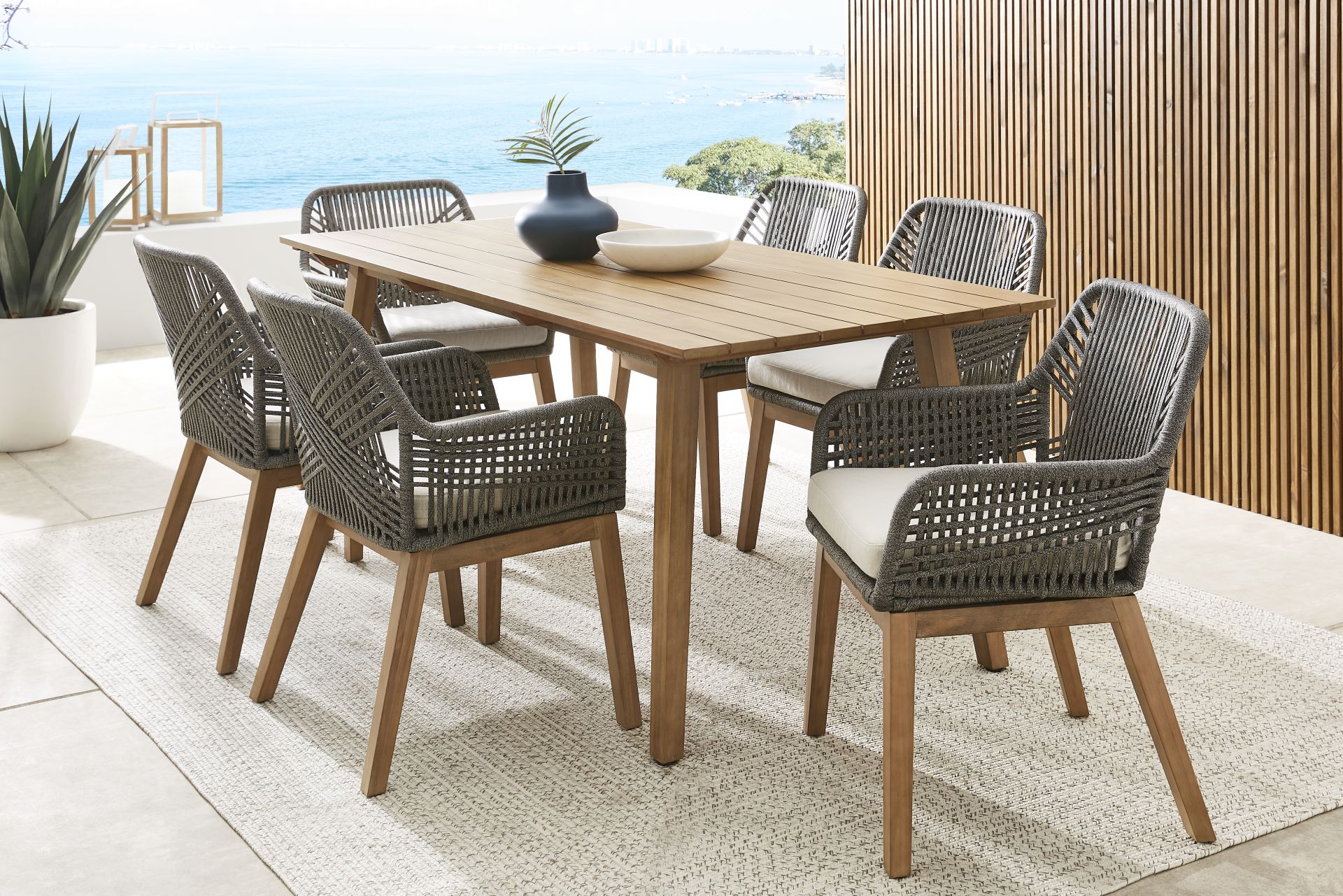 Tessere Natural 7 Pc Outdoor Dining Set with Gray Arm Chairs - Image 1