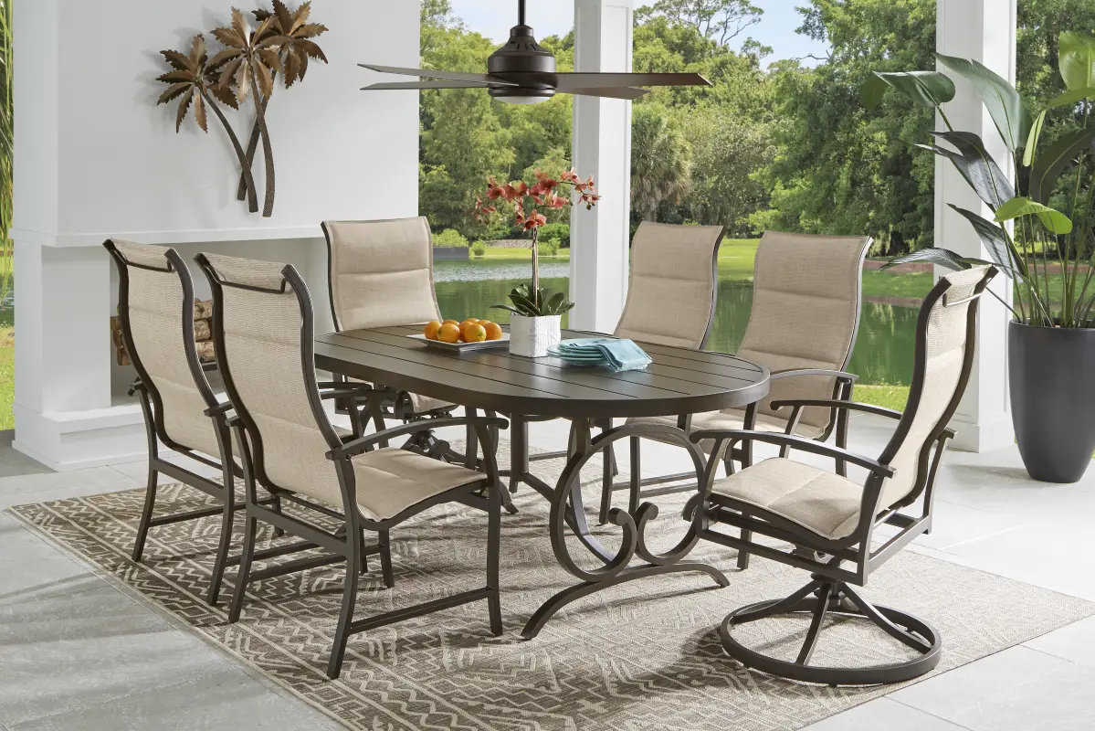 Lake Breeze Aged Bronze 7 Pc Outdoor 78 in. Oval Dining Set with Sling Chairs