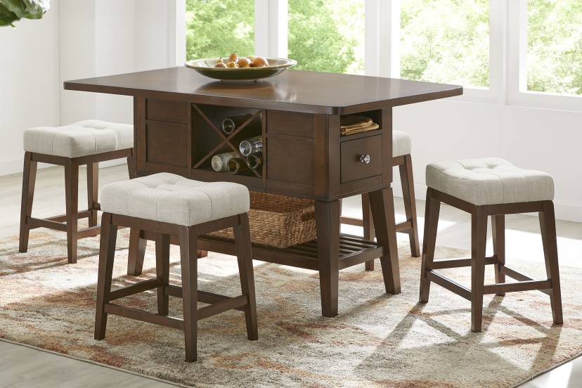 Walstead Place Brown 5 Pc Counter Height Dining Room with Beige Kyoto Stools