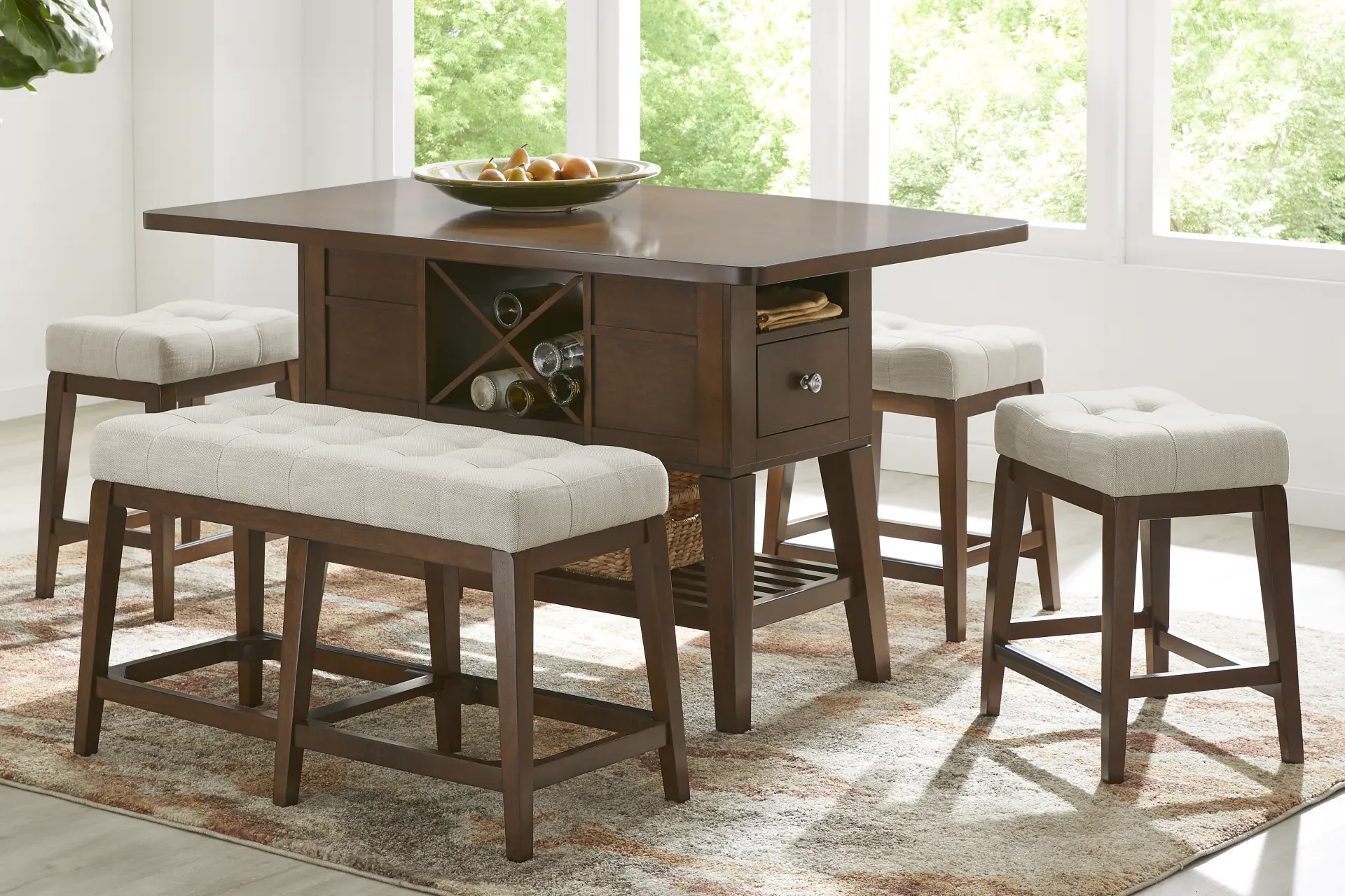 Walstead Place Brown 6 Pc Counter Height Dining Room with Beige Bench and Kyoto Stools