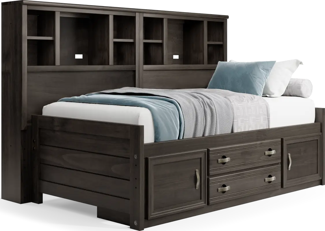 Kids Creekside 2.0 Charcoal Twin Bookcase Wall Bed with Storage Side Rail