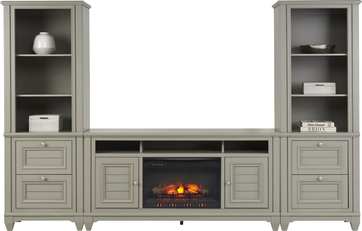 Hilton Head Gray 4 Pc Wall Unit with 66 in. Console and Electric Log Fireplace