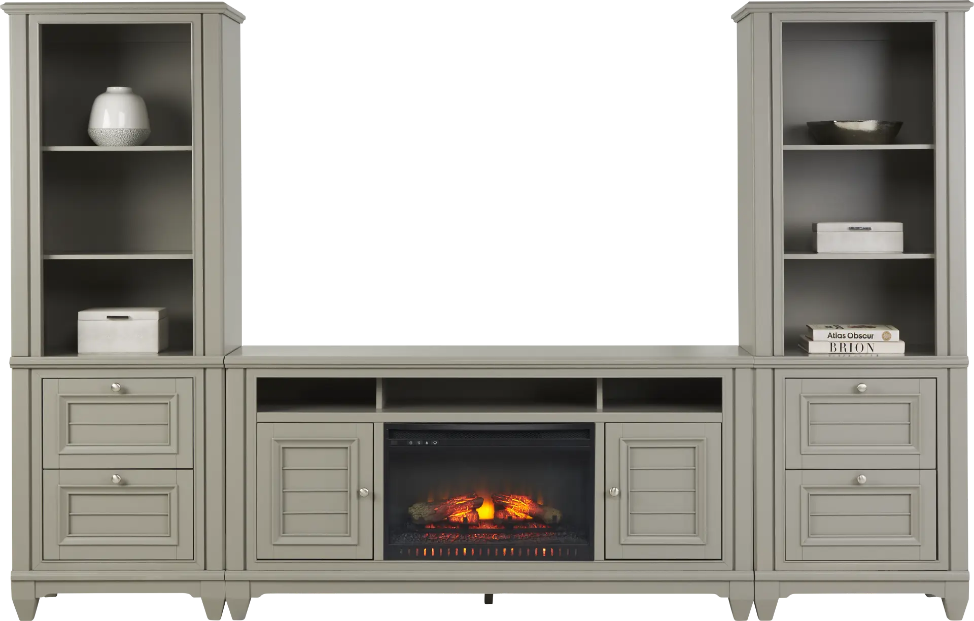 Hilton Head Gray 4 Pc Wall Unit with 66 in. Console and Electric Log Fireplace