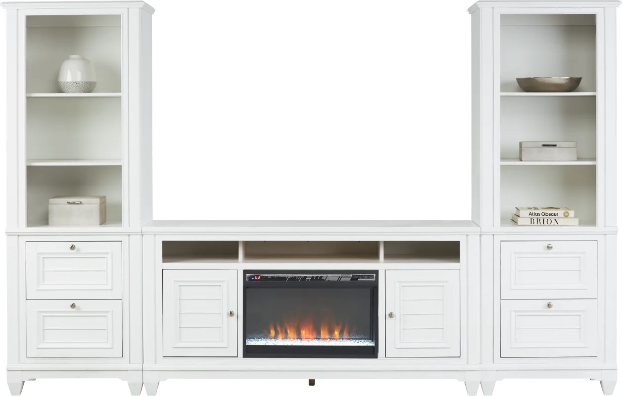 Hilton Head White 4 Pc Wall Unit with 66 in. Console and Electric Fireplace