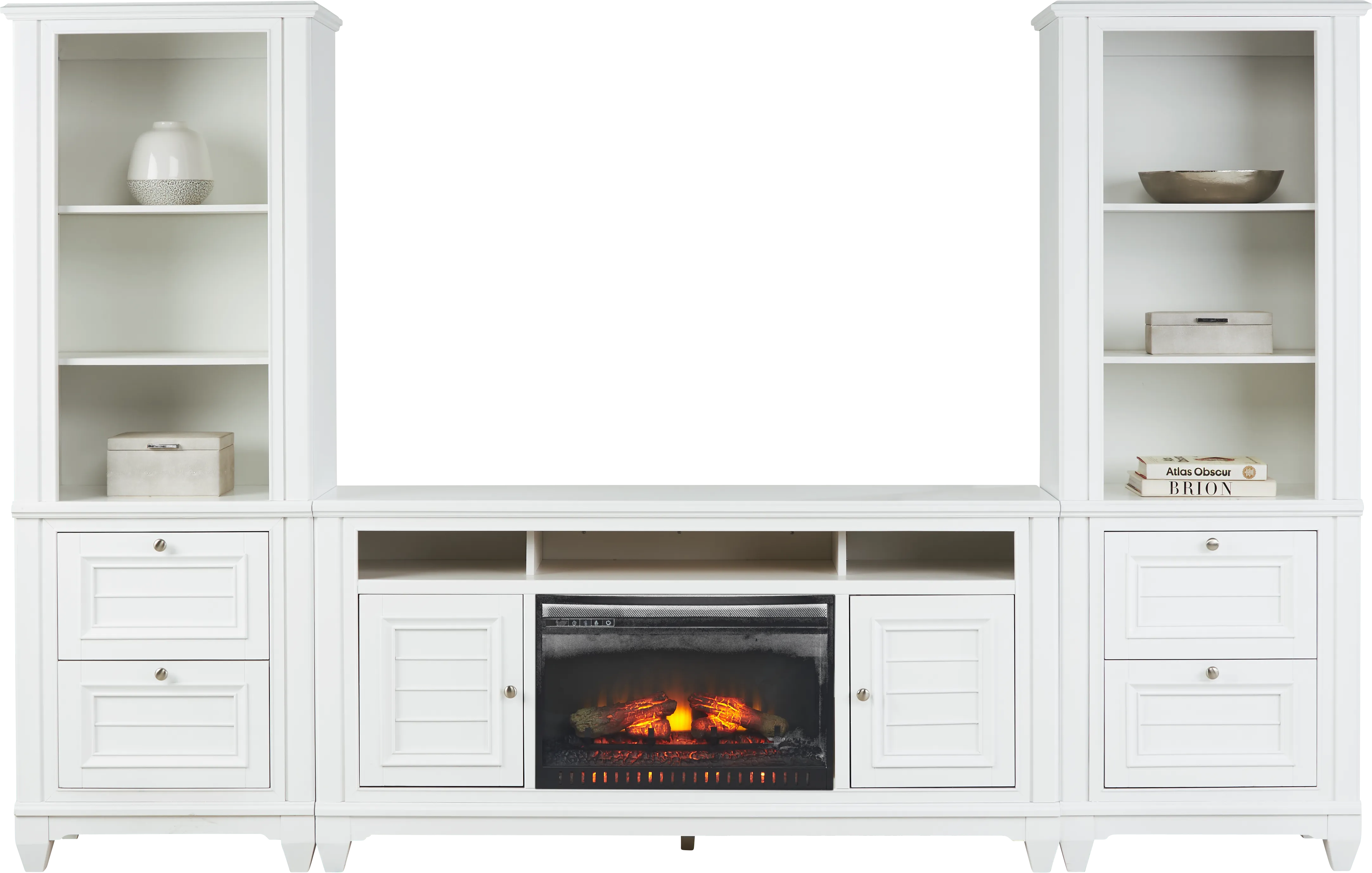 Hilton Head White 4 Pc Wall Unit with 66 in. Console and Electric Log Fireplace - Thumbnail - Image 1