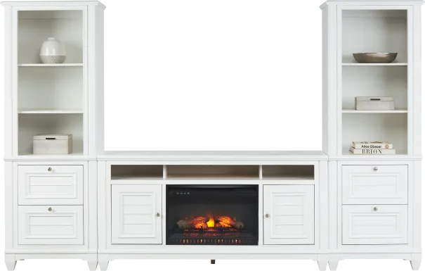 Hilton Head White 4 Pc Wall Unit with 66 in. Console and Electric Log Fireplace