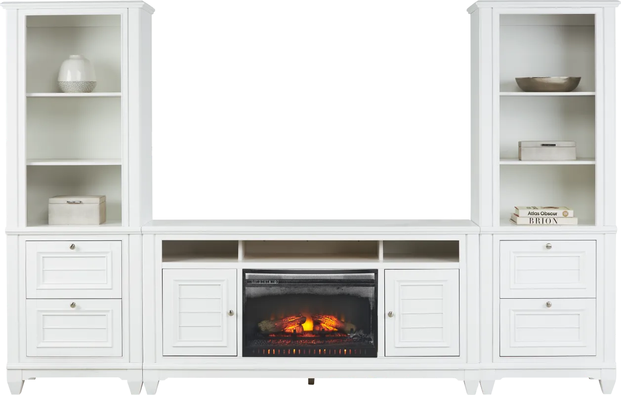 Hilton Head White 4 Pc Wall Unit with 66 in. Console and Electric Log Fireplace