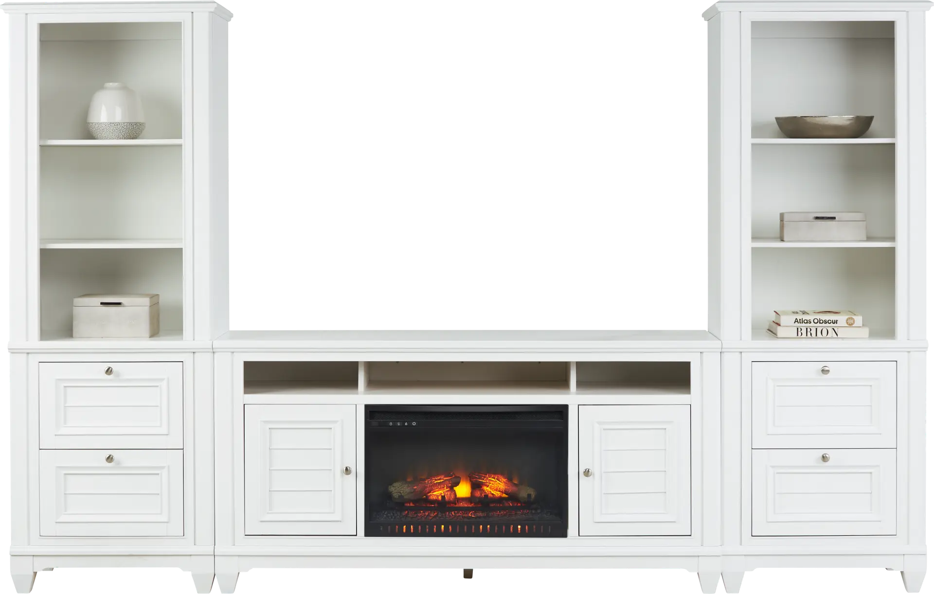 Hilton Head White 4 Pc Wall Unit with 66 in. Console and Electric Log Fireplace