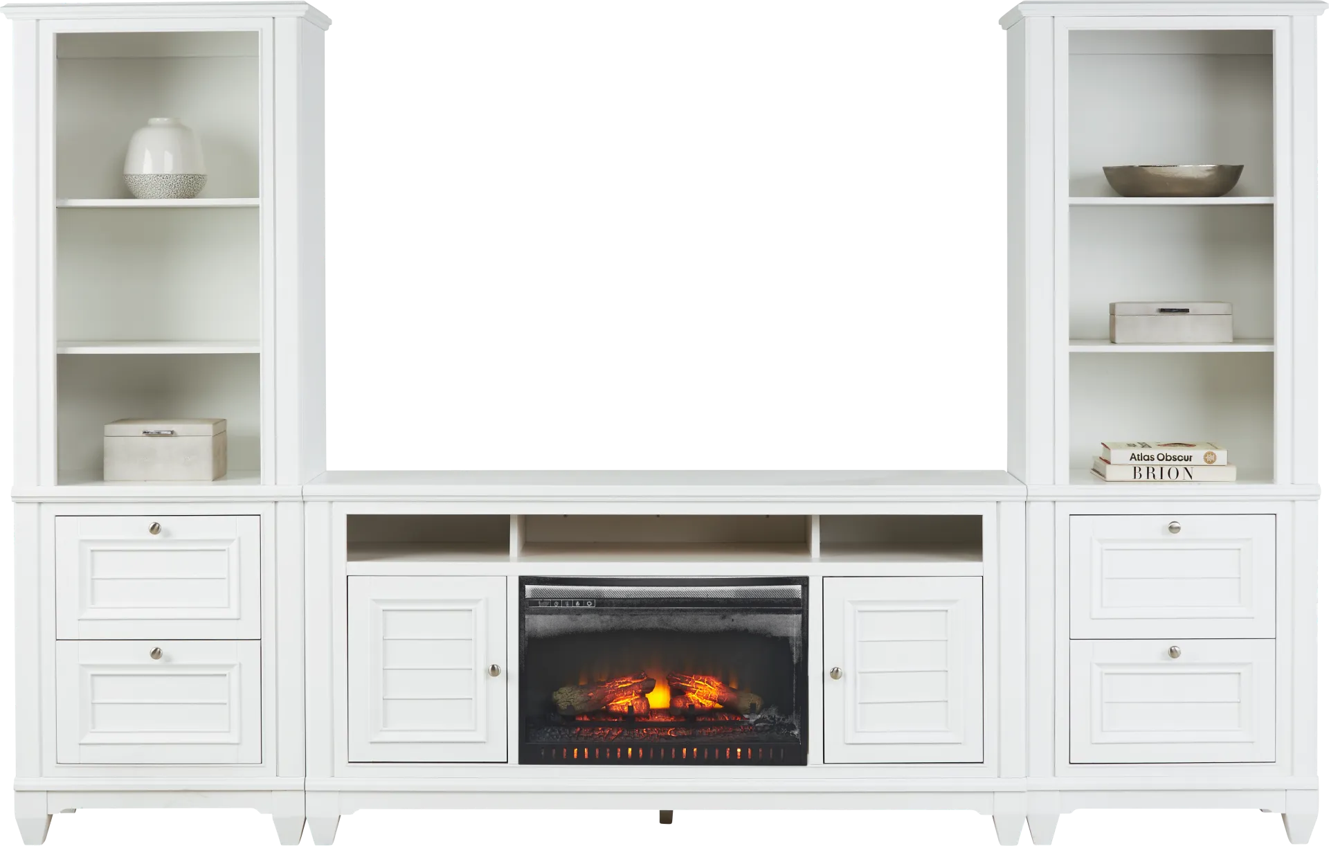 Hilton Head White 4 Pc Wall Unit with 66 in. Console and Electric Log Fireplace - Image 1