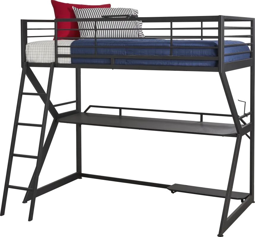 Kids Carbon Optix Black Twin Gaming Loft Bed with LED Lights and Accessories