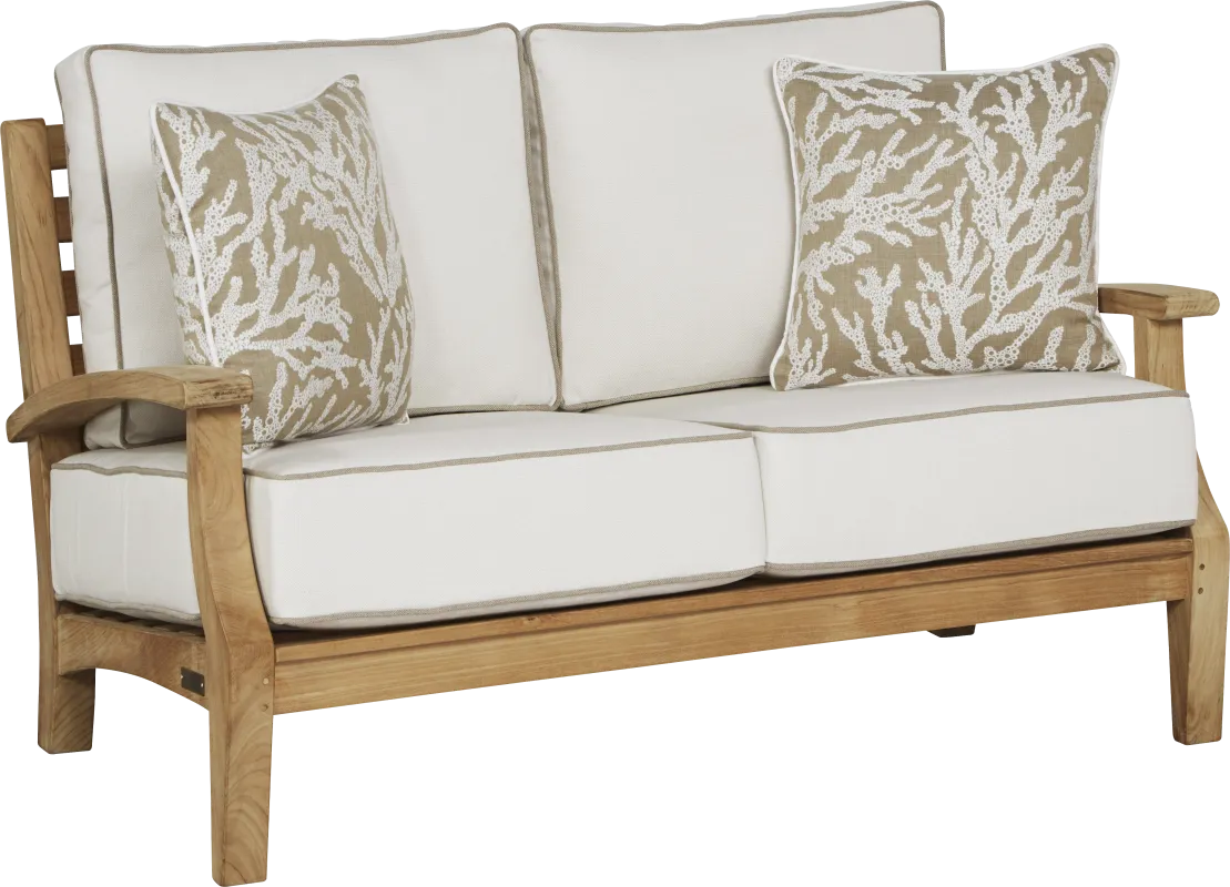 Pleasant Bay Teak Outdoor Loveseat with White Sand Cushions